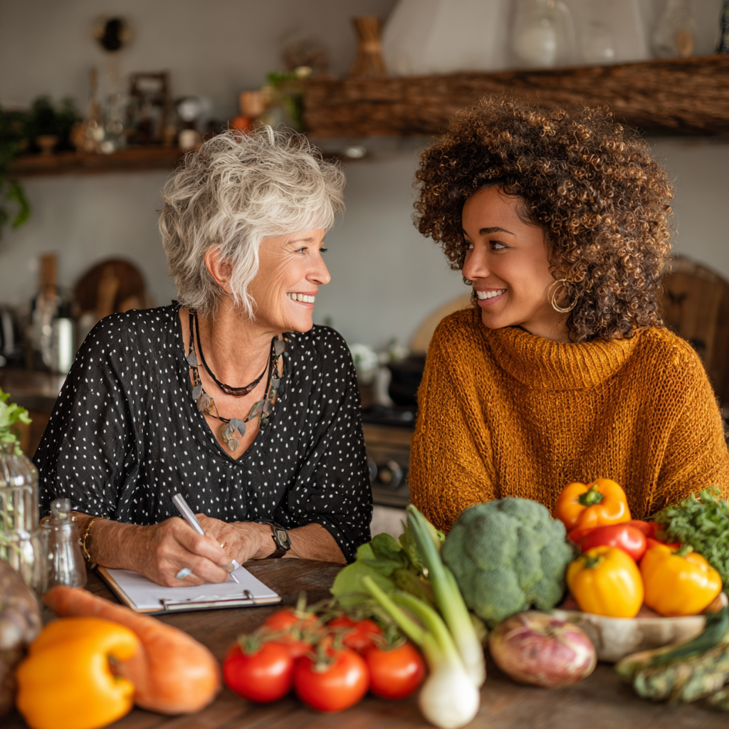 Professional nutritionist consulting with a middle-aged woman in her forties, both sitting at a modern kitchen table with fresh vegetables and healthy food ingredients spread around them, discussing personalized meal planning in a bright, welcoming environment