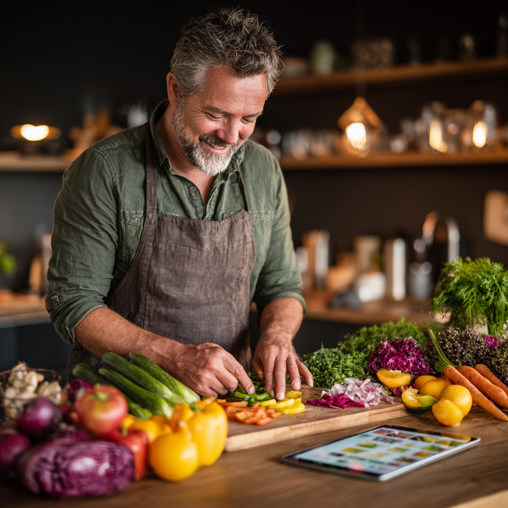 Smiling middle-aged man in his late forties preparing a healthy breakfast in a modern kitchen, chopping fresh vegetables and fruits on a wooden cutting board, surrounded by colorful organic ingredients and a tablet displaying a meal planning app interface